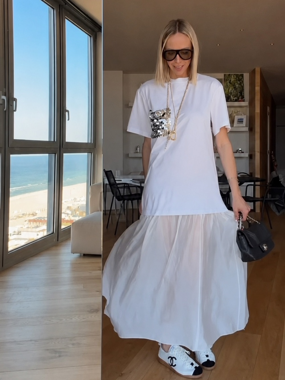 White Maxi T-Shirt Dress with Sequin Pocket